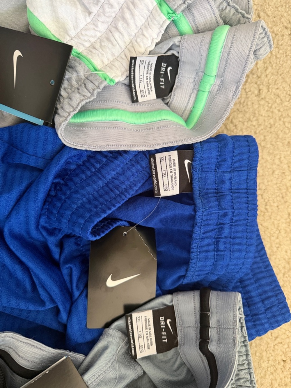 Nike Mens Athletic Shorts (set of 3)- Blue, Gray, Light Gray with Green Accents - Picture 3 of 3